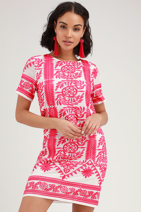 Fond of You Hot Pink Embroidered Short Sleeve Shift Dress