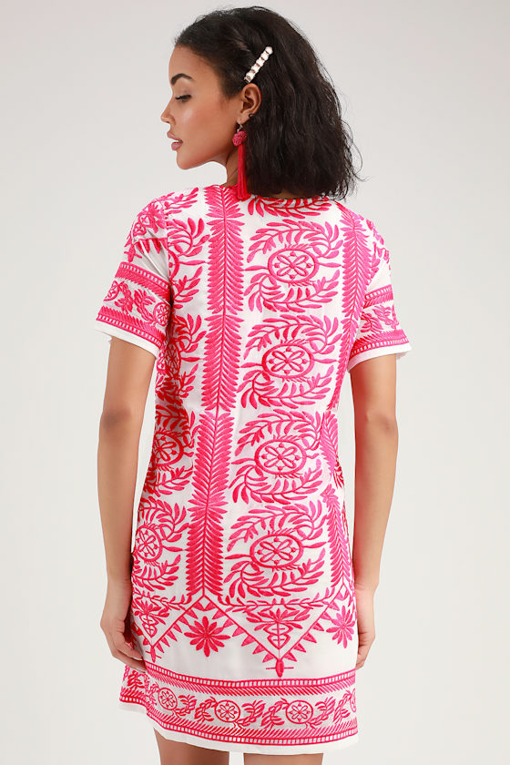 Fond of You Hot Pink Embroidered Short Sleeve Shift Dress 4
