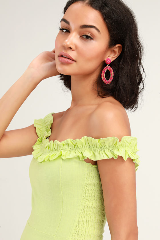 Lime Green Dress Ruffled OfftheShoulder Dress Bodycon Dress Lulus