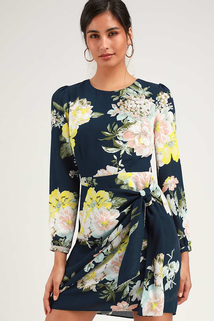 Socialite Dress - Navy Blue Floral Print Dress - Tie-Front Dress - Lulus Socialite Dress - Navy Blue Floral Print Dress - Tie-Front Dress - Lulus