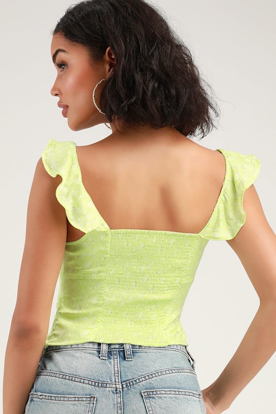 Stay With You Lime Green Floral Print Satin Ruffled Top 4