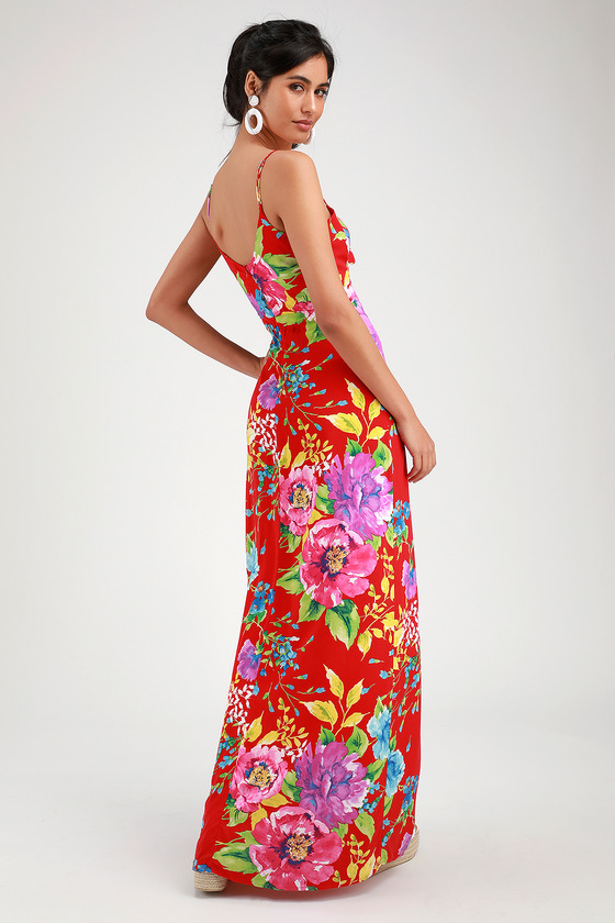 Cute Red Floral Print Dress - Tie-Front Dress - Sleeveless Maxi - Lulus
