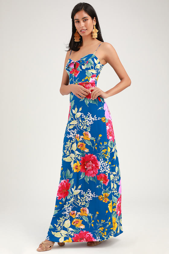 Cute Blue Floral Print Dress TieFront Dress Sleeveless Maxi Lulus