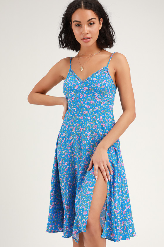 Lovely Blue Floral Print Dress - Sleeveless Dress - Midi Dress - Lulus