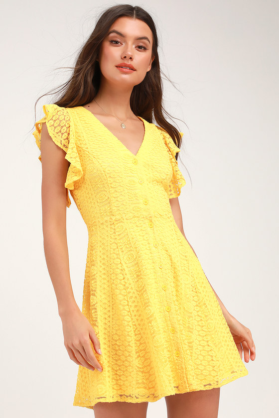 Cute Yellow Lace Dress - Skater Dress - Button-Down Dress - Lulus