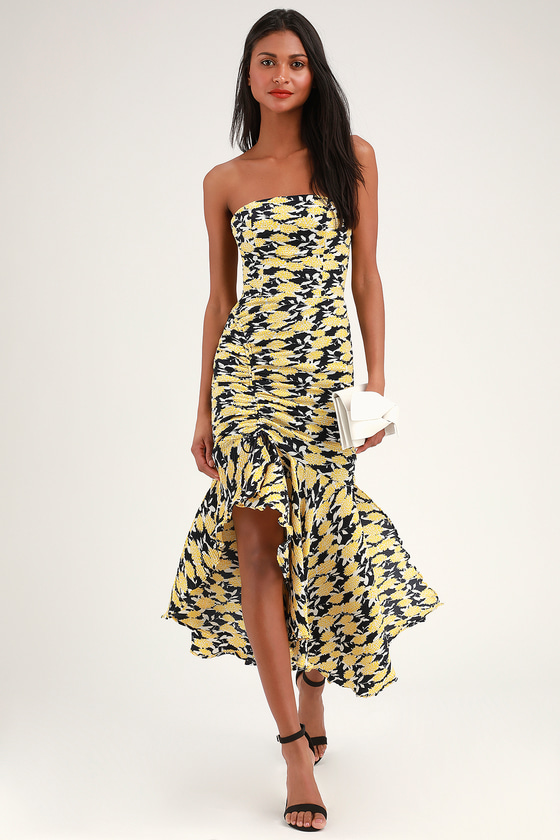 yellow strapless midi dress