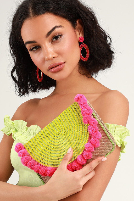 Sunny Isle Lime Green Beaded Pom Pom Clutch