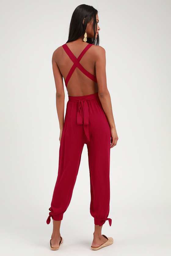 LOLINDA BERRY RED HALTER JUMPSUIT LULUS