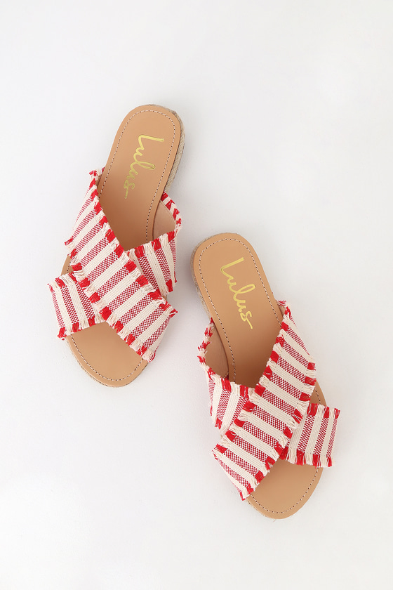 red flat slide sandals