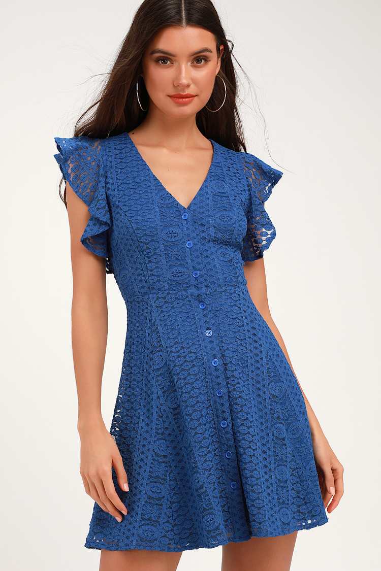 Cute Royal Blue Lace Dress - Skater Dress - Button-Down Dress - Lulus