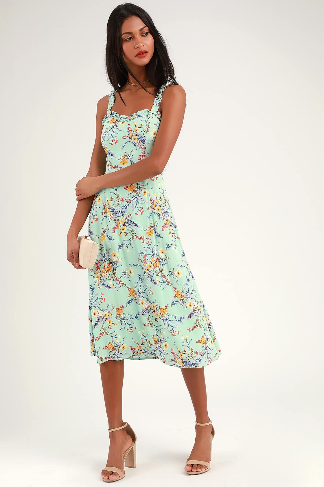Sage Green Floral Abstract Print Slip Midi Dress