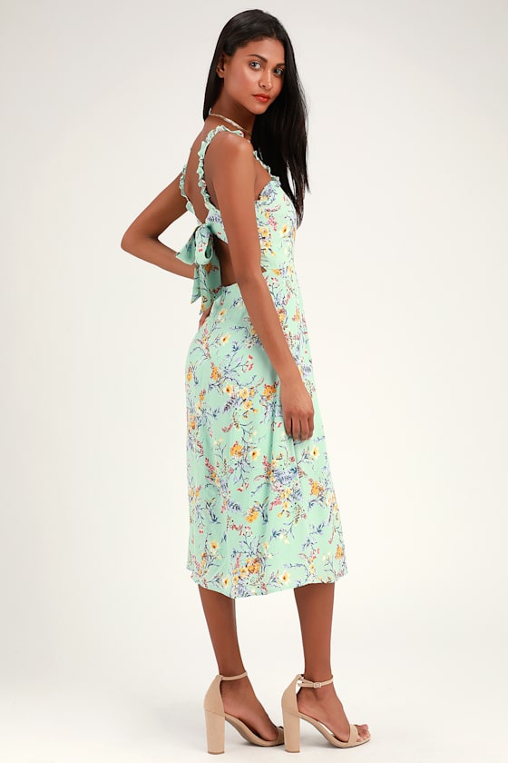 Sunny Meadow Sage Green Floral Print Tie-Back Midi Dress 3