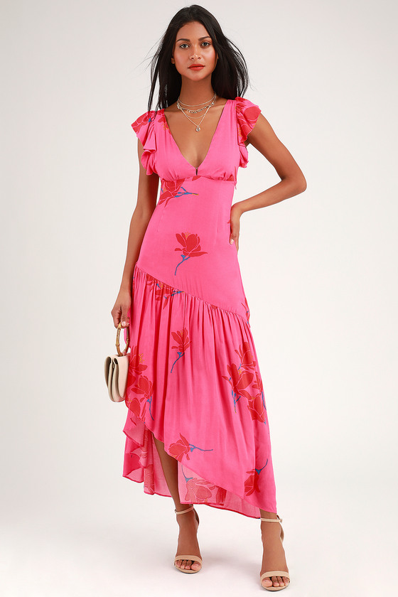 She's a Waterfall Hot Pink Floral Print Ruffled Maxi Dress
