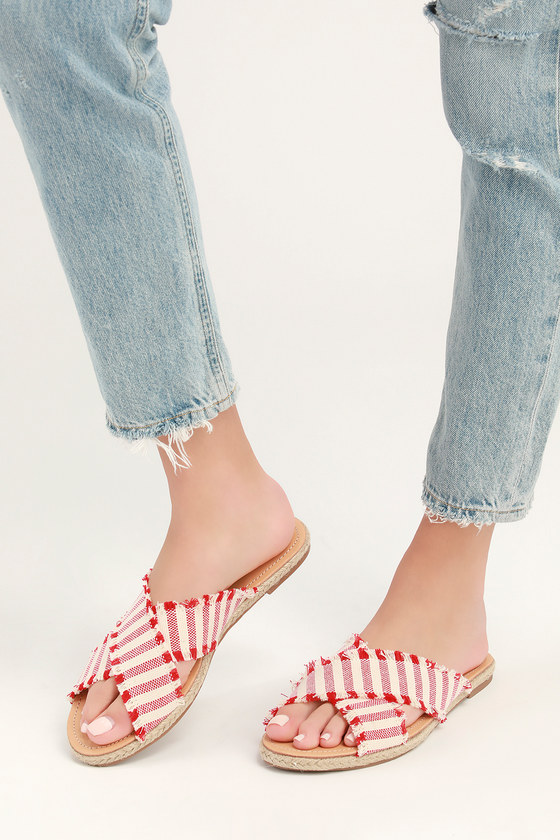 Cute Red Striped Slides - Slide Sandals - Peep-Toe Sandals