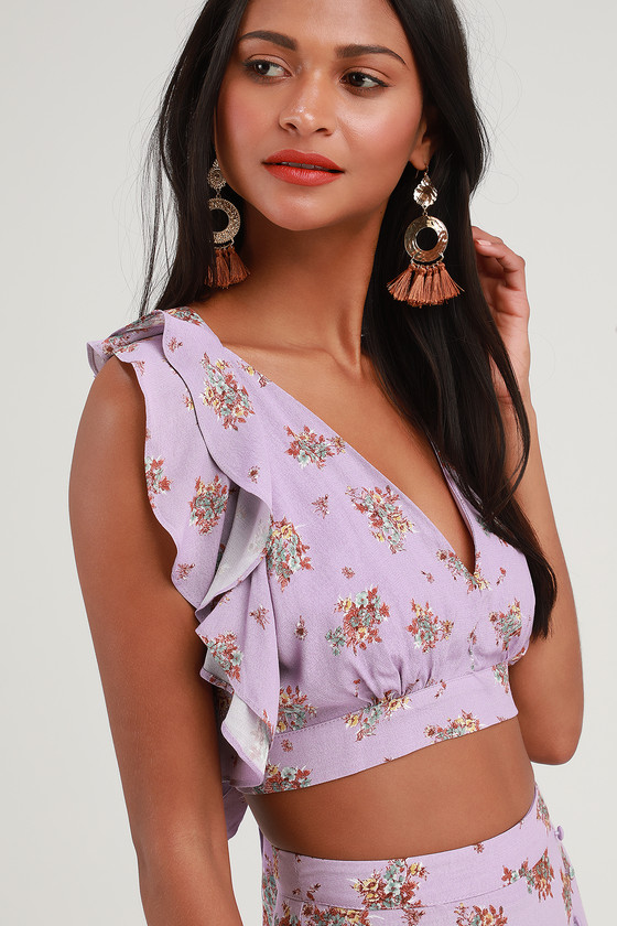 Anabelle Lavender Floral Print Ruffled Tie-Back Crop Top 1