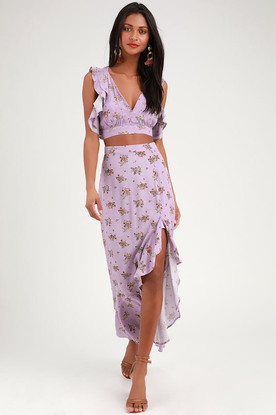 Camila Lavender Floral Print Ruffled Midi Skirt 1
