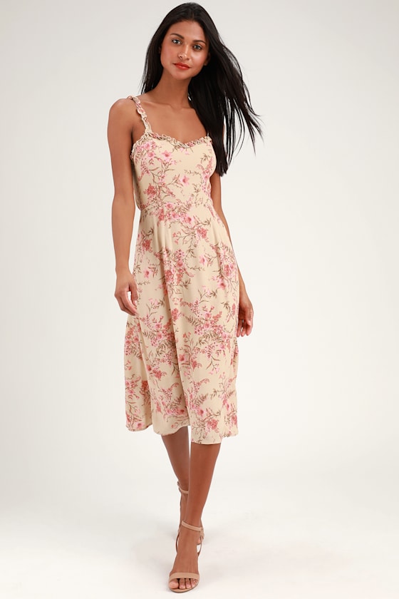 Sunny Meadow Peach Floral Print Tie-Back Midi Dress 1