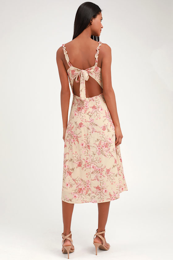 Sunny Meadow Peach Floral Print Tie-Back Midi Dress 3