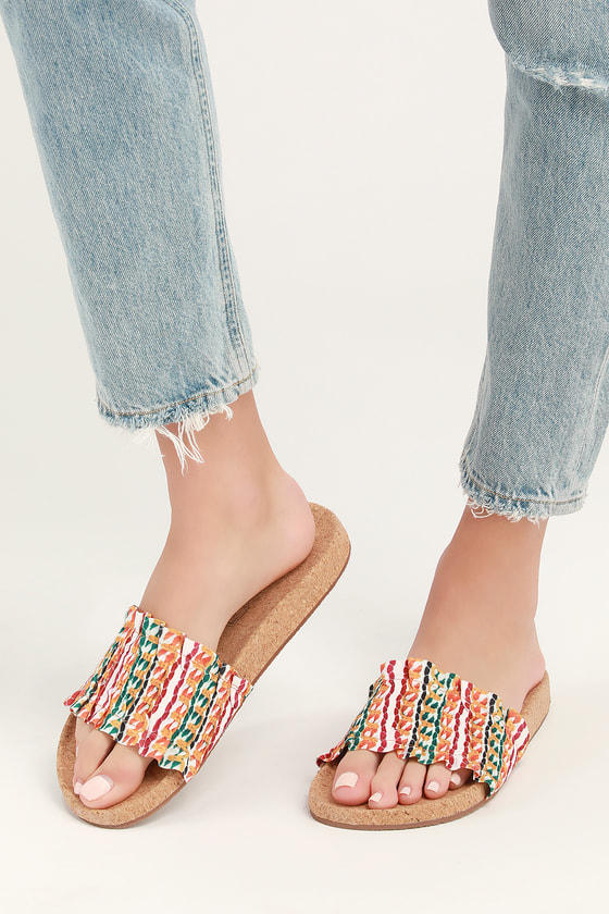 LFL Alexa - Multi Striped Sandals - Slide Sandals - Cork Sandals - Lulus