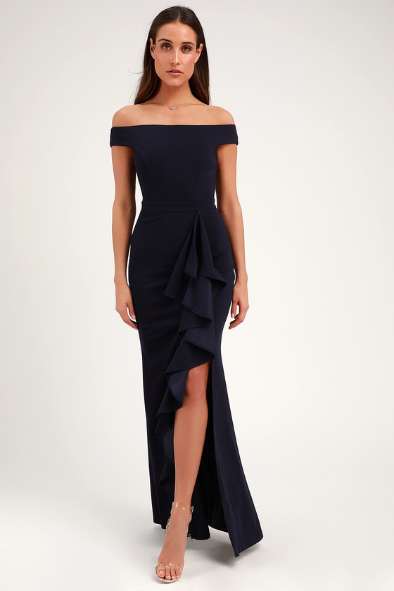 navy blue off the shoulder maxi dress