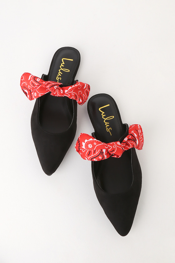black flat mules with bow