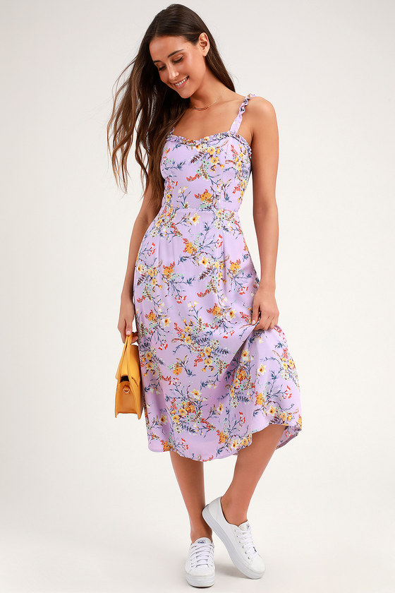 white dress with lavender flowers