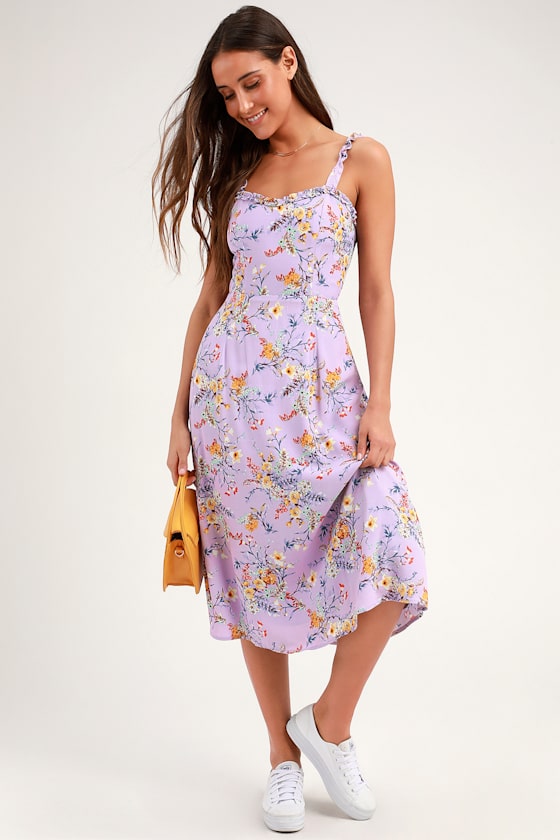 Lavender Floral Print Dress Floral Midi Dress TieBack Dress Lulus