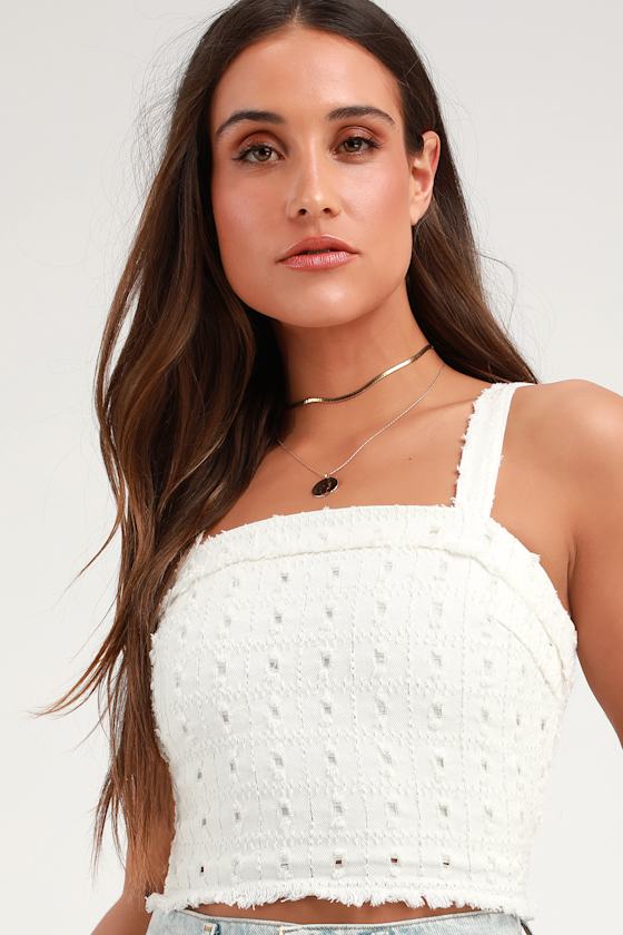 Downtown White Distressed Denim Sleeveless Crop Top 2