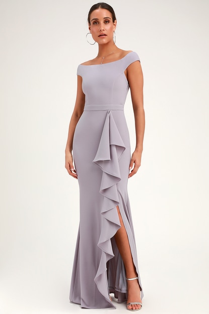 K'Mich Weddings - wedding planning - bridesmaids dresses - MILA DUSTY LAVENDER RUFFLED OFF-THE-SHOULDER MAXI DRESS - lulus