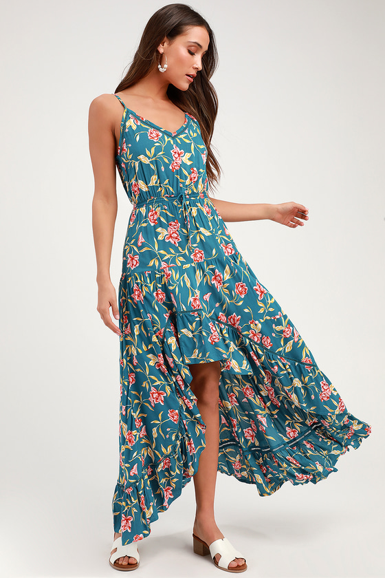 Kivari Lucia - Teal Green Floral Print Dress - High-Low Maxi - Lulus