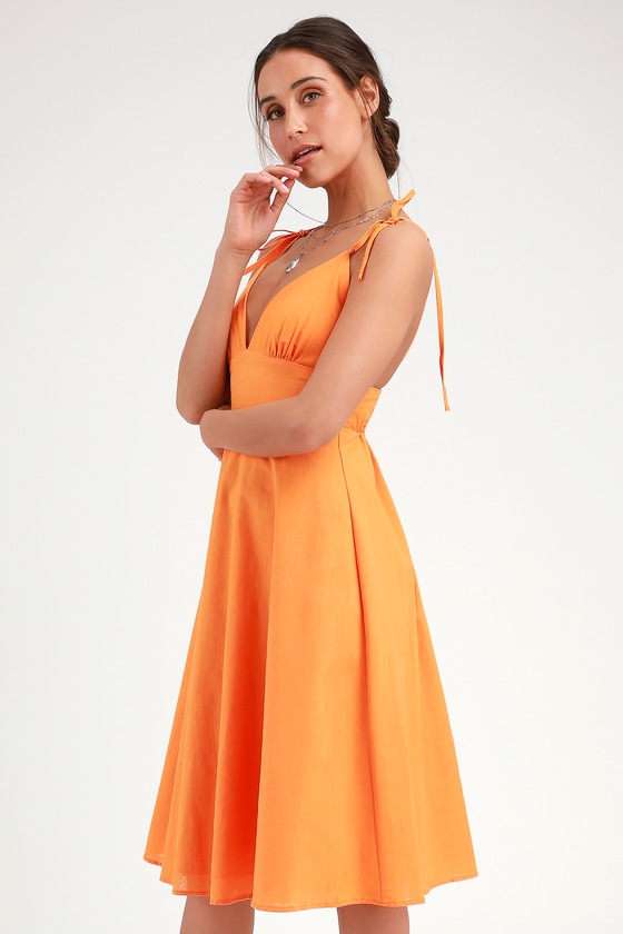 bright orange frill detail pleated skater dress