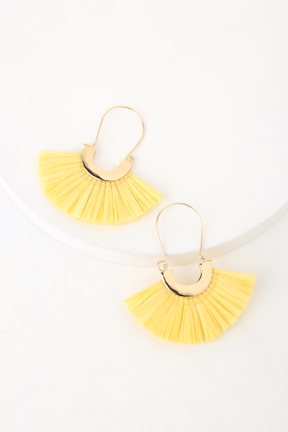 Sunny Fun Yellow Raffia Fan Earrings 1