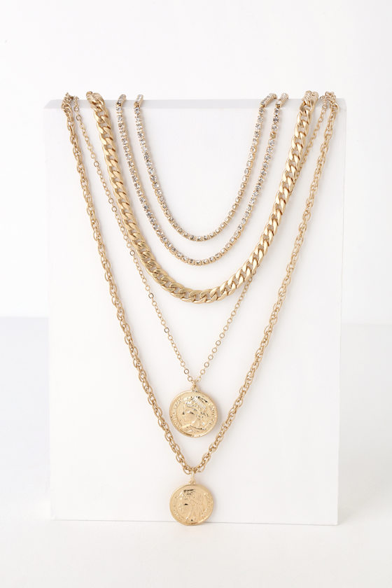 Beatrice Gold Rhinestone Layered Coin Necklace 2