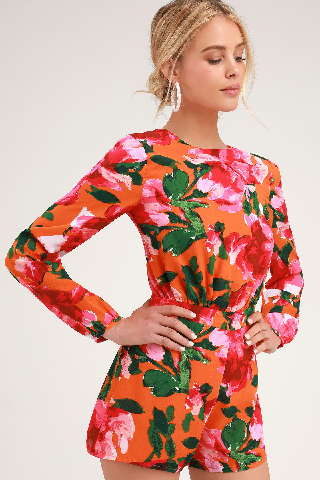 Tropical Beach Vacation Outfit and Cute Vacation Outfit with Tropical Orange Long Sleeve Romper for Women