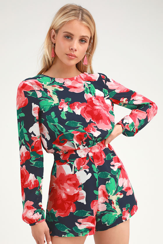 Sweetest Song Navy Blue Floral Print Backless Long Sleeve Romper