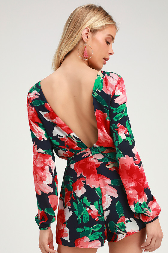 Sweetest Song Navy Blue Floral Print Backless Long Sleeve Romper