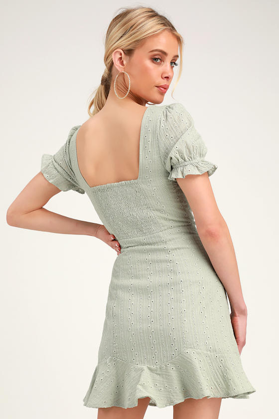 Rapunzel Sage Green Eyelet Lace Mini Dress 4