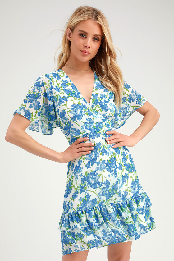 Glorious White and Light Blue Floral Print Ruffled Mini Dress - Lulus