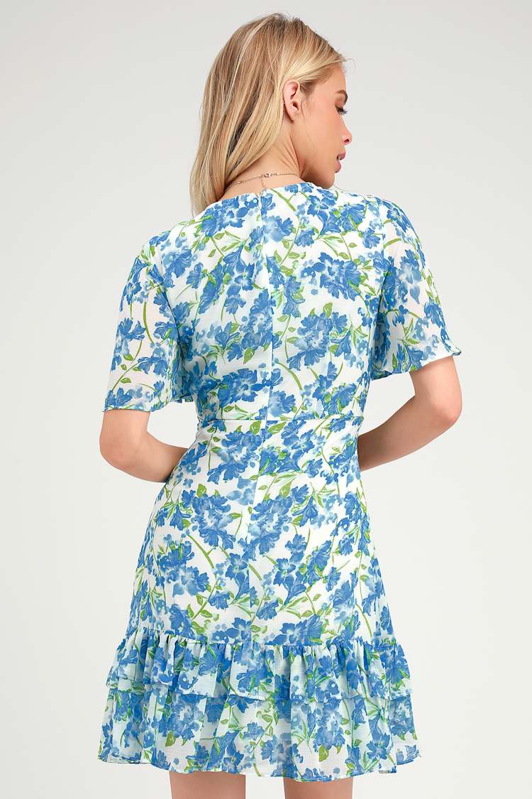 blue and white dress lulus Lulu White Silk Mini Dress With Blue Daisy Beading