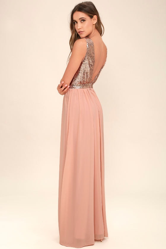 Elegant Encounter Rose Gold Sequin Maxi Dress