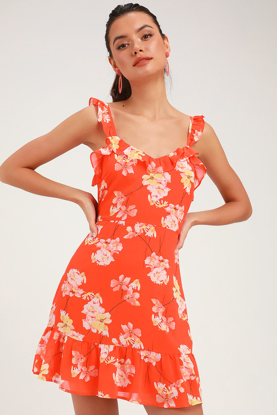 Lulus, Flower Factor Red Floral Print Ruffled Mini Dress