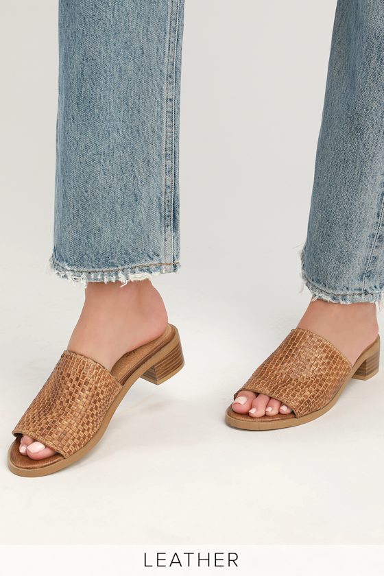 Hard to Find Tan Leather Woven Mules 1