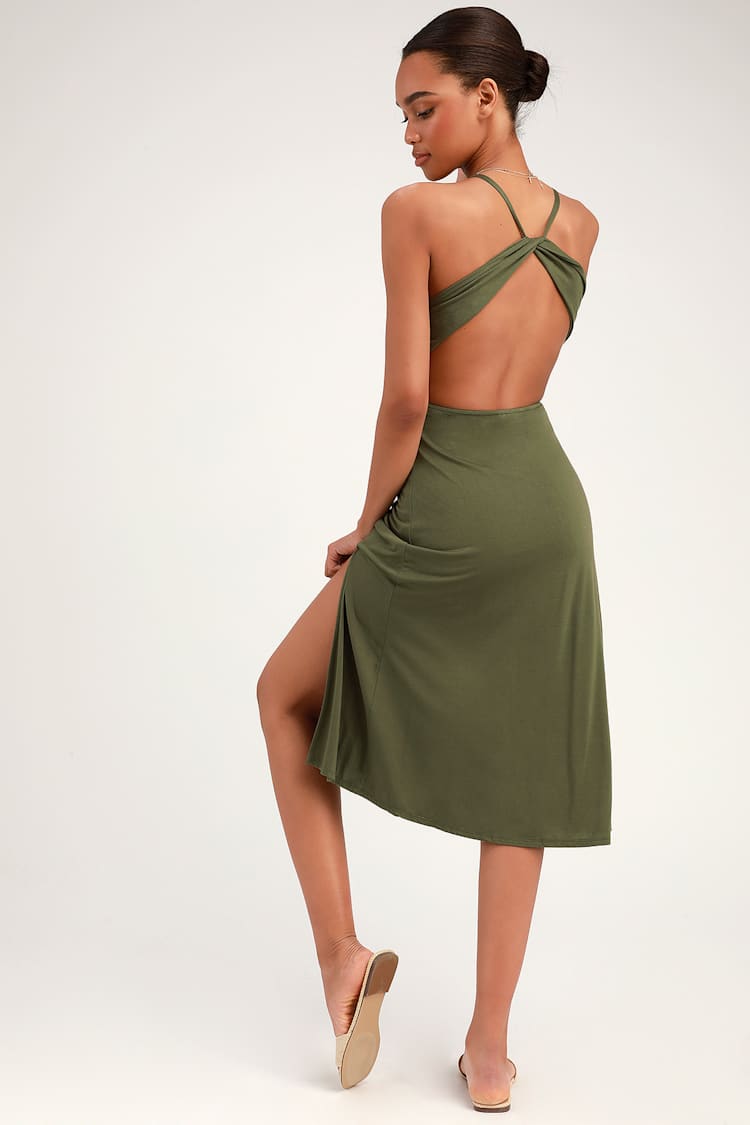 Cute Jersey Knit Dress - Olive Green Dress - Backless Midi Dress - Lulus