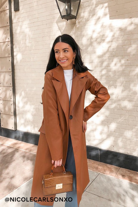 Chic Camel Coat - Vegan Leather Coat 