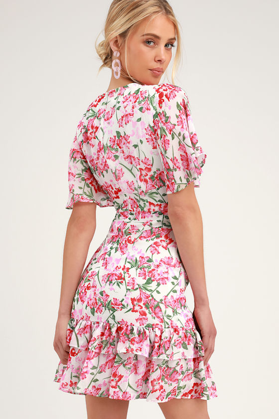 Cute Pink and White Dress - Floral Print Dress - Ruffled Dress - Lulus