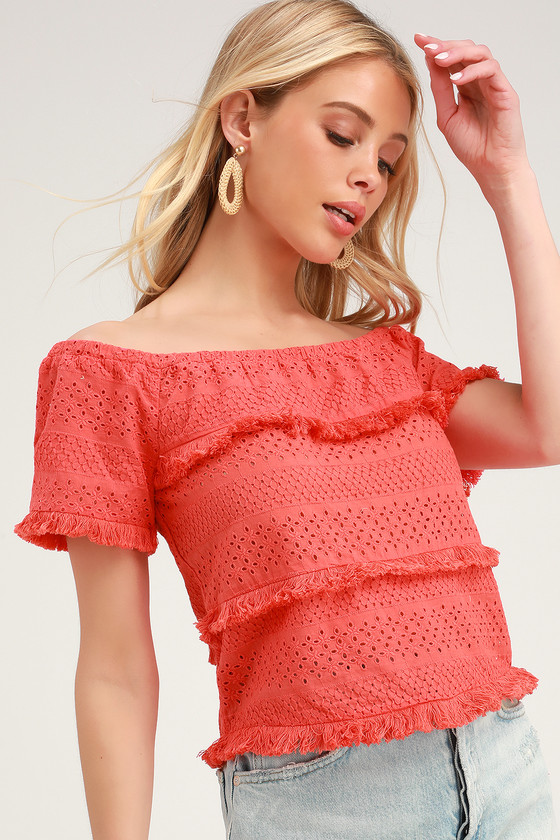 Cute Coral Eyelet Lace Top - Lace Pink Top - Fringe Top - Lulus
