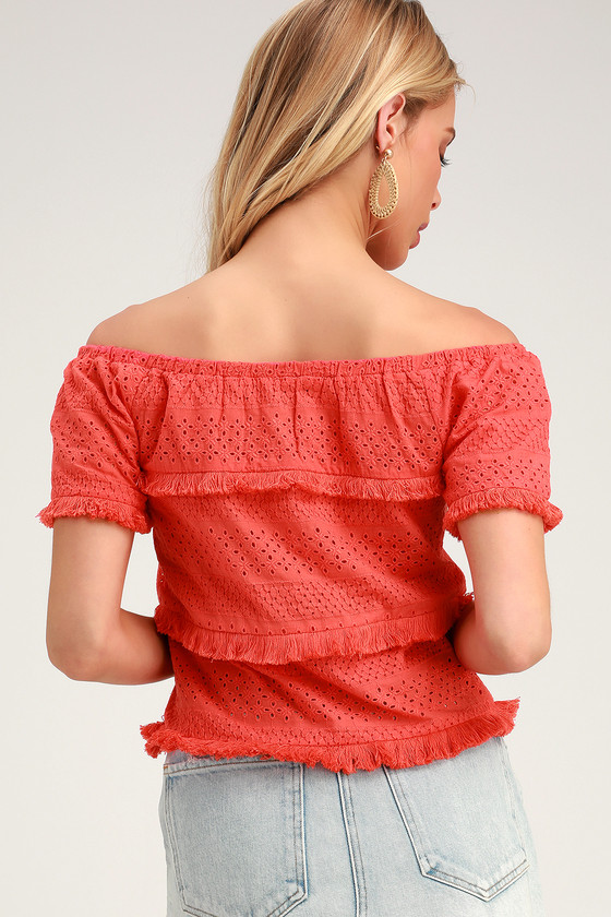 Cute Coral Eyelet Lace Top - Lace Pink Top - Fringe Top