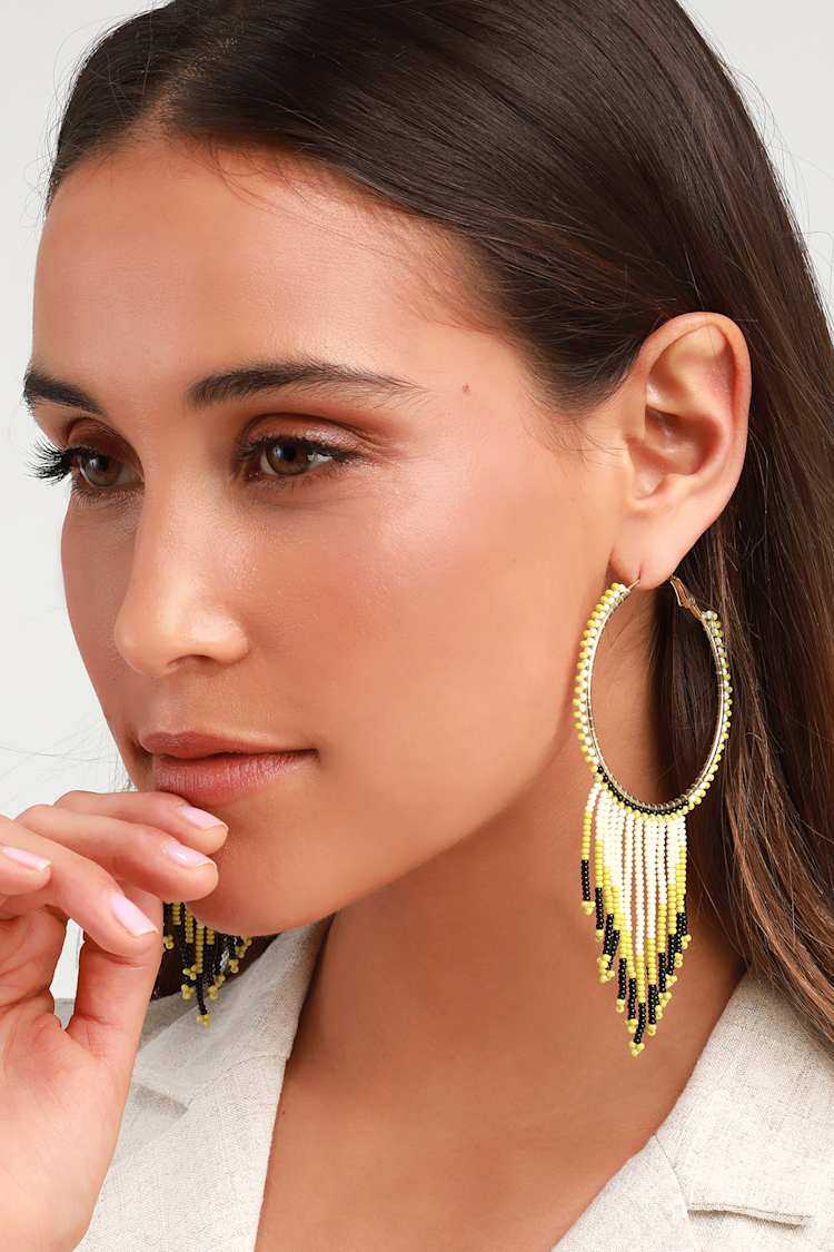 Lulus Earrings Gold Earrings With Black Fringe Cute Green Beaded