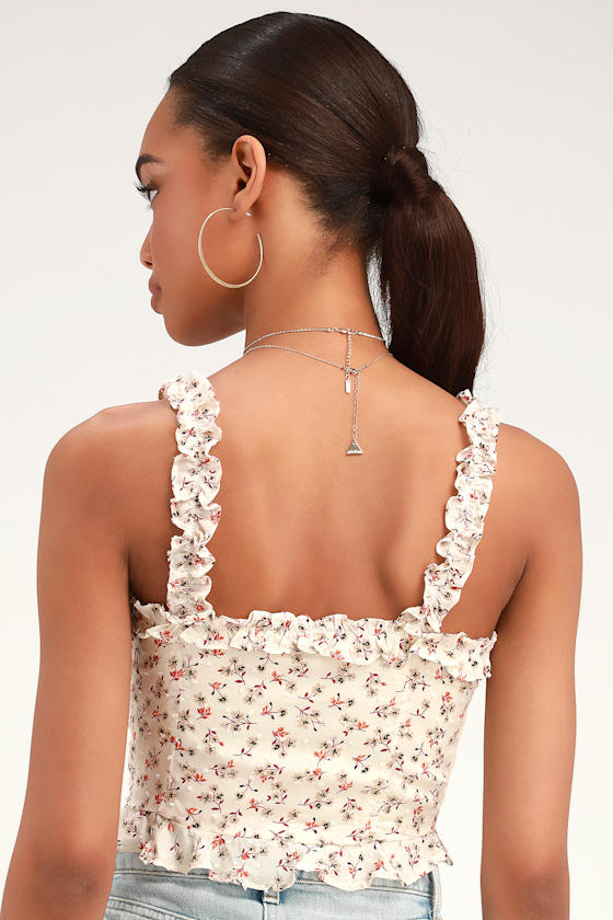 Bellevue Cream Floral Print Button-Up Ruffled Crop Top 2