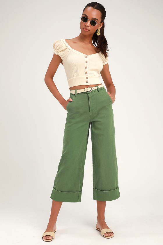 Cute Olive Green Pants - Denim Cropped Pants - Wide-Leg Pants - Lulus